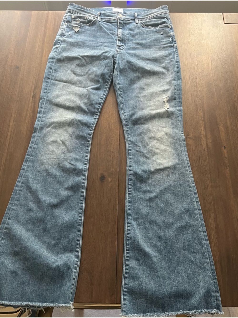 MOTHER Weekender Light Blue Flare Jeans with Frayed Hem, Graffiti Wash, Sz 30